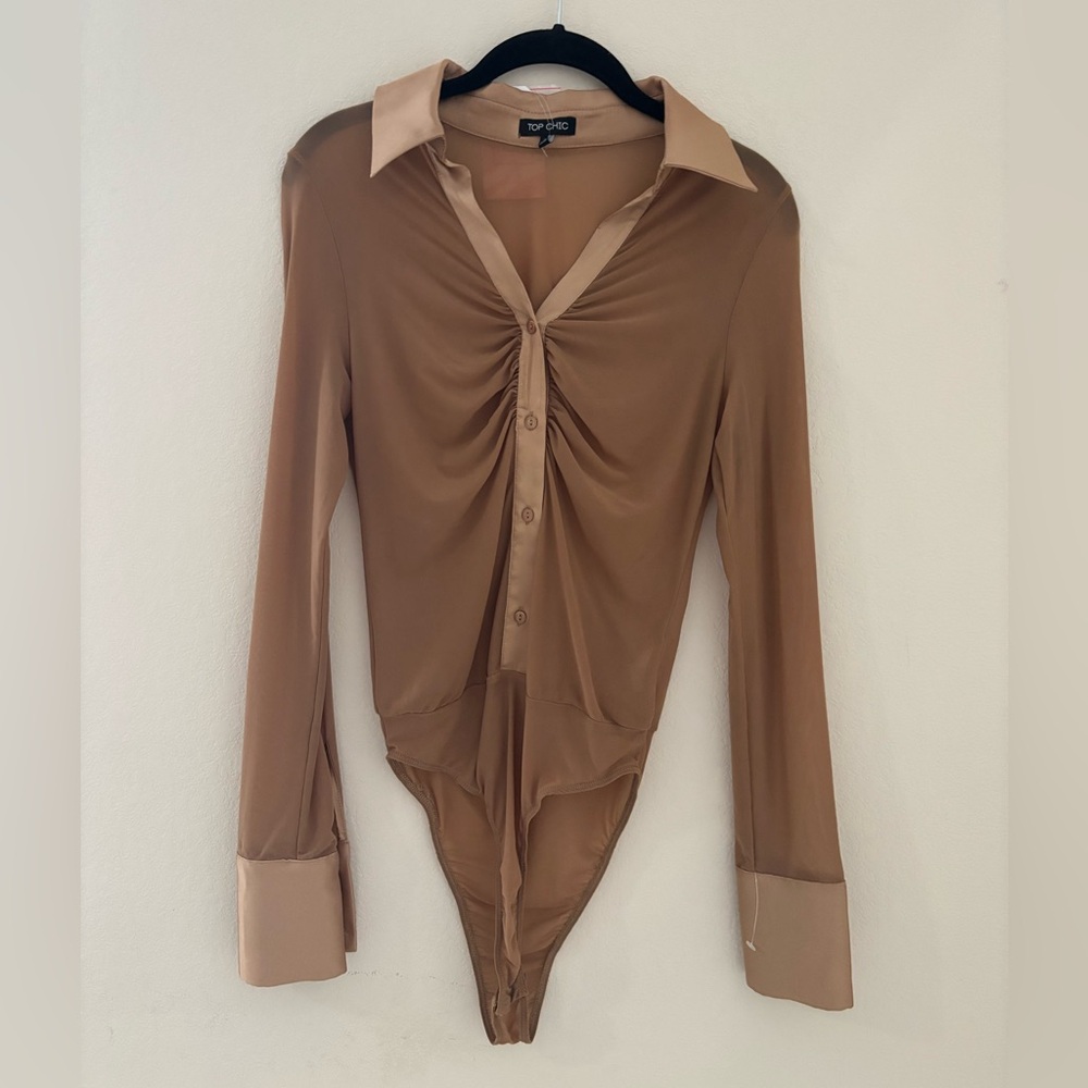 Topshop Tan Long Sleeve Sheer Bodysuit